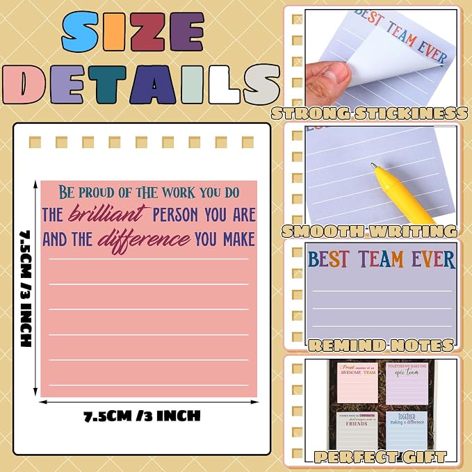 Yinder 24 Pcs Inspirational Sticky Notes, Back to School Supplies, Cute Motivational Sticky Notes Pad Employee Appreciation Gifts Bulk for Teacher Coworker Office 3 x 3'' (Team,Elegant)
