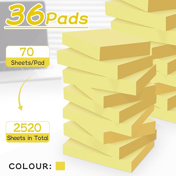 Mini Sticky Notes 1.5x2 in, 36 Pad Yellow Strong Adhesive Post, Suitable for School, Home, Office, Clean Removal