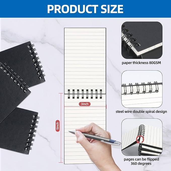 8 Pack 3x5" Spiral Pocket Notebook, College Ruled Small Notepad for School | Mini & Small Notebooks, Pocket Notepads & Note Pads for Home Office Work Meetings Travel Journal, Great for Quick Note Taking