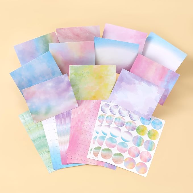 Stationery Paper Envelopes Set 160 Pcs - 50 Lined Writing Paper, 50 Envelopes, 60 Dot Stickers, Vintage/Floral/Leaf/Watercolor Multi-Style Options (STATIONERY-160PCS-WATERCOLOR)