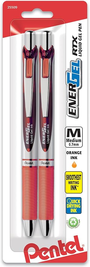 Pentel EnerGel RTX Retractable Liquid Gel Pen, Medium Line, Metal Tip, Orange Ink, 2-Pack (BL77BP2F)