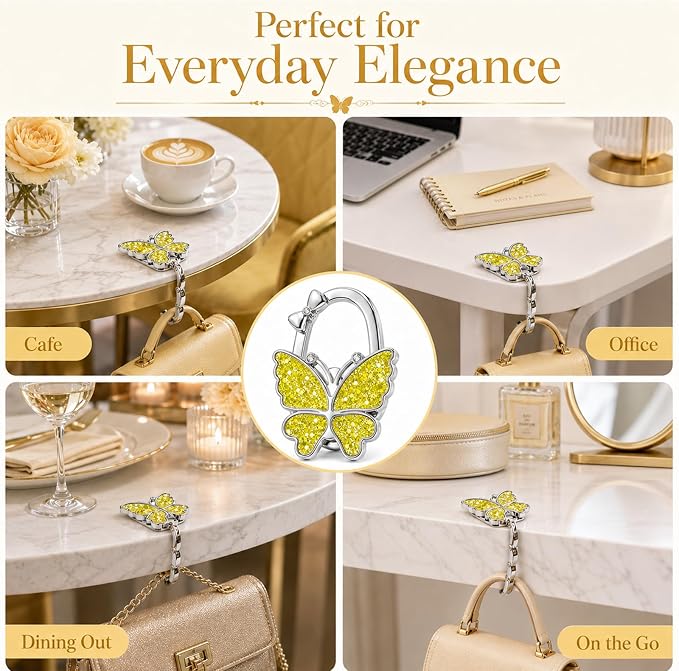Purse Hook for Table, Foldable Handbag Hanger for Women, Portable Bag Holder with Non-Slip Base, Cute Sequin Yellow Butterfly Purse Table Hook for Restaurant Office Travel Gift