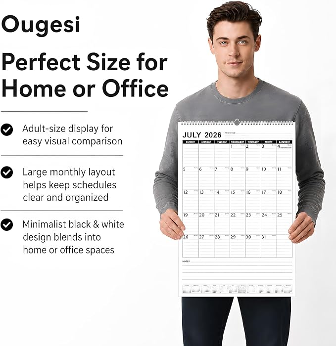 Large Wall Calendar 2026-2027, 18 Month Vertical Wall Calendar Jul 2026 – Dec 2027, 15" x 22" with Thick Paper & Large Blocks for Home Office Minimalist