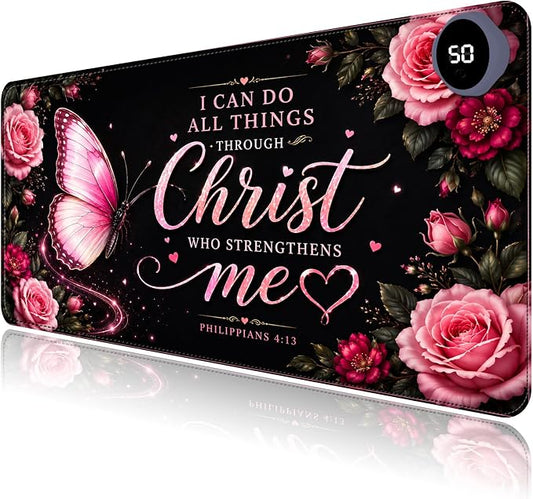 Large Heated Mouse Pad–31.5" x 13" Desk Mat for Office | 3 Adjustable Heat Levels,Auto Shut-Off After 3 Hours for Safety,Hands Warm While Working，Philippians 4:13 Butterfly Rose