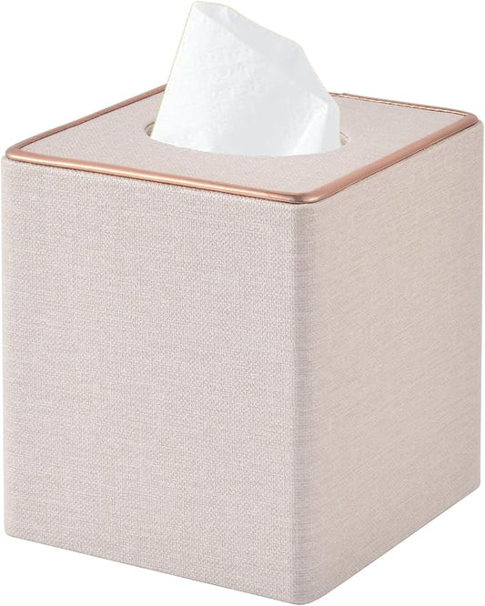 Linen Square Tissue Box Cover,Cube Tissue Box Holder－Excellent Rosegold Leather Decoration,Table Napkin Case Dispenser,Facial Tissues Organizer with Magnetic Bottom for Home Office Car(Beige)