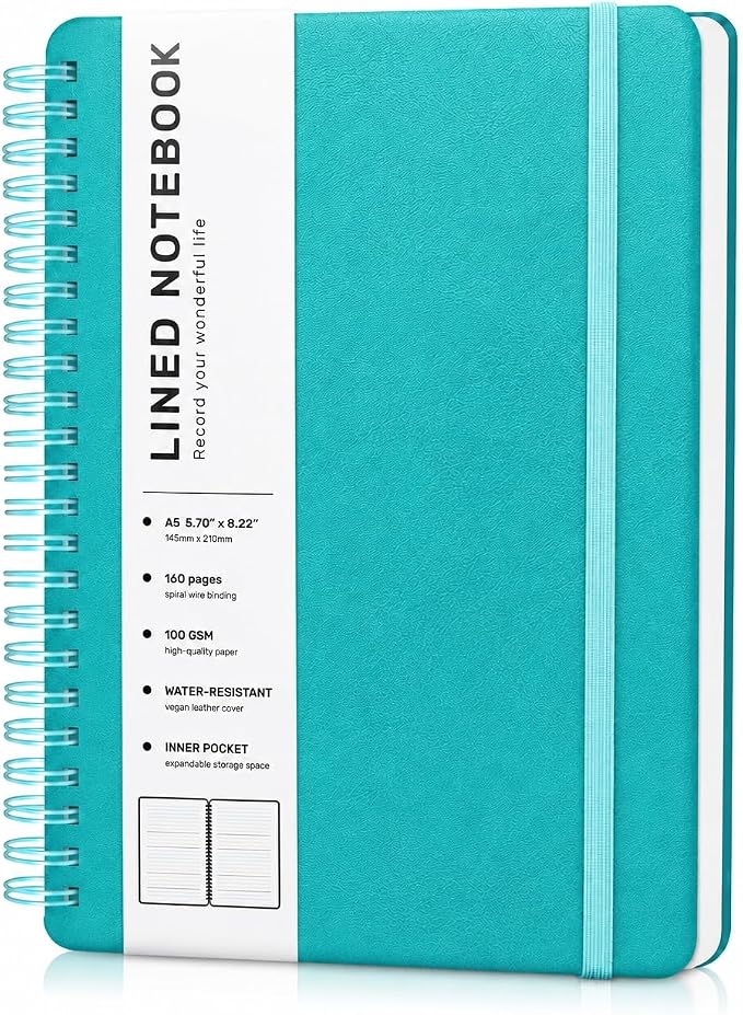 Lined Spiral Journal Notebook with 160 Pages, 8×5.7in, A5 Spiral Notebook, Journaling Notebooks for Work, School, Women, Men, College Ruled Spiral Notebook, Hardcover Leather Journals, Turquoise