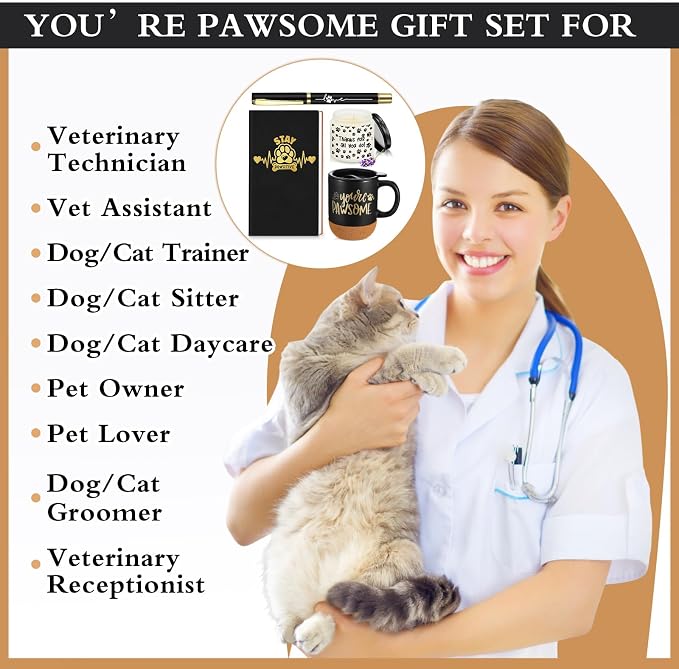 Sayglossy 4 Pcs Veterinary Gift Set Thank You Gift for Vet Tech Veterinary Assistant Animal Lover Pet Groomers Trainer Paw Print Notebook Coffee Mug Scented Candle Pen for Vet Tech Week Dog Sitter