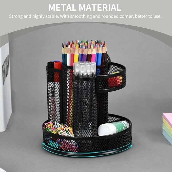 HERCHR 360 Rotating Desk Pen Holder Organizer, Black Mesh Metal Rotating Pencil Holder with 7 Compartments, Office Desk Organizer for Pencils Scissors Art Supplies, 6.1x6.5x3.1in