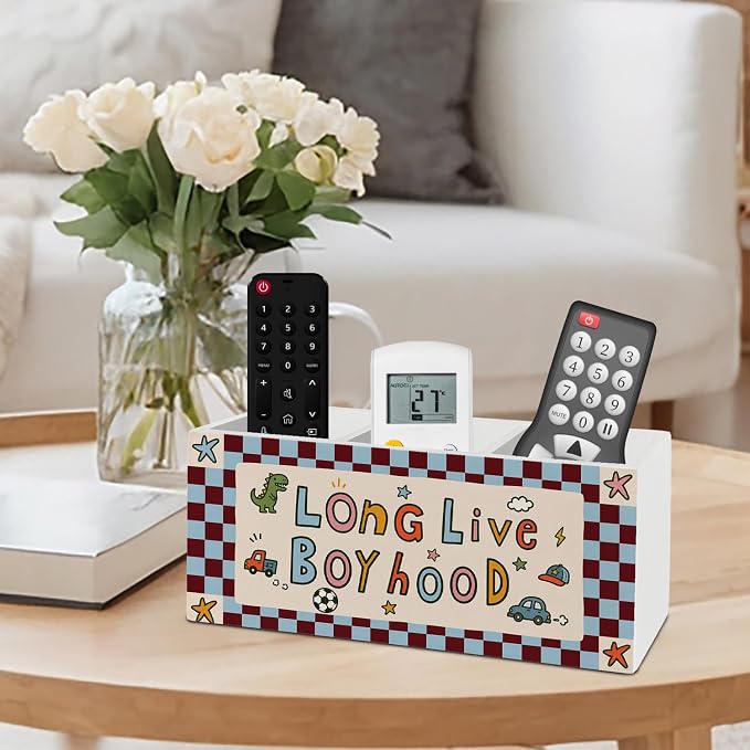 Retro Long Live Boyhood Pen Pencil Holder for Desk Accessories | Boys Room decor, Blue Red Checkered Pen Pencil Holder Organizer Wooden Box Sign for Kids Boys Nursery Playroom Classroom Desk