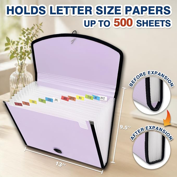 H4D 13-Pocket Accordion File Organizer, Expanding File Folder, Pale Lilac | Extra Back Mesh Pocket, Letter Size Paper, Pre-Printed and Customizable Labels, Expandable Document Organizer