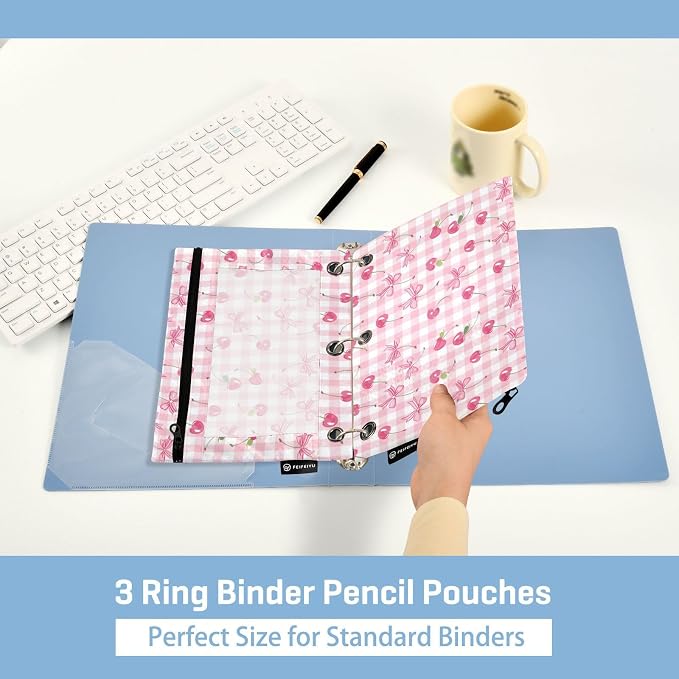 Binder Pencil Pouches Bow and Cherry Pen Case | Clear Window 3 Rings, Cosmetic Bags School Office Supplies Cosmetic Makeup Bag 2 Psc