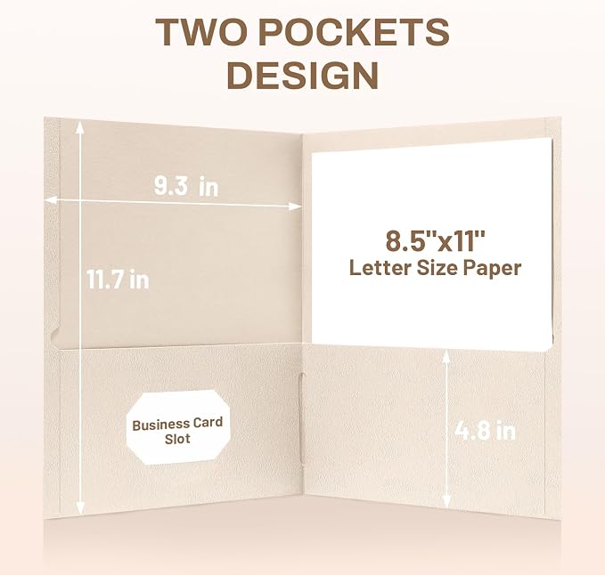 SUNEE Folders with Pockets (25 Pack, Warm Beige), 2 Pocket Folders Fit Letter Size, Paper File Folder for School Office Home Business, Textured Paper