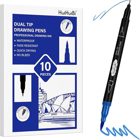 10 Pack Blue Markers for Coloring,1-6mm Dual Brush Pens with 0.4mm Fine Tip Markers,Blue Drawing Pens for Art Drawing Sketching Calligraphy