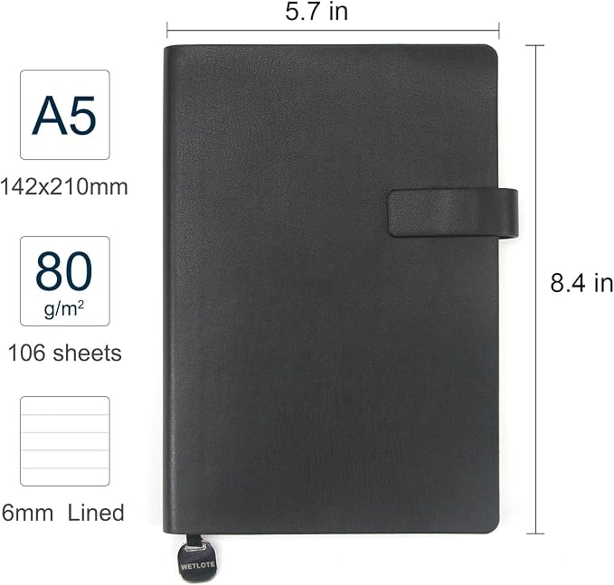 A5 Soft Cover Lined Notebook, Pen Holder & Gold Edges, 180° Lay Flat Journal, Large 5.7 x 8.4 in, Bookmark & Gift Box, Business Notebook for Work, Study, Travel(Black)