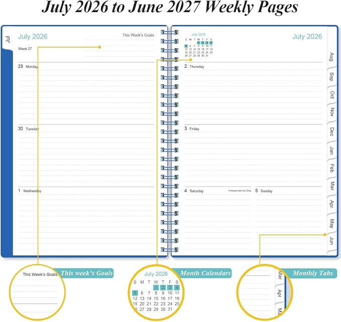 2026-2027 Planner - Planner 2026-2027 from July 2026 - June 2027, Weekly & Monthly Planner Spiral Bound with 12 Monthly Tabs, Inner Pocket, 6.4" x 8.5", Blue
