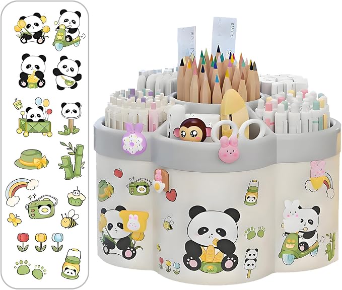 Pen Holder Pencil Organizer, 6 Slots 360-Degree Rotating Pencil Holder, Crayon Organizers for Kids Marker Organizer Caddy Art Supply Kids Desk Organizers for Office Home School (beige)