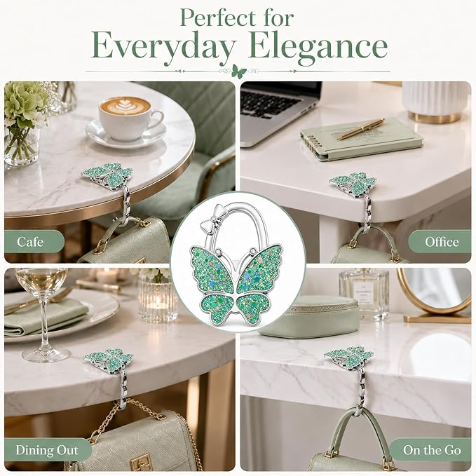 Purse Hook for Table, Foldable Handbag Hanger for Women, Portable Bag Holder with Non-Slip Base, Cute Star Green Butterfly Purse Table Hook for Restaurant Office Travel Gift