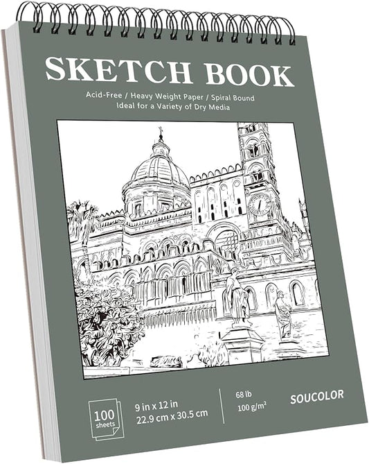 Soucolor Sketch Book 9x12, Drawing Paper Pad 68lb/100gsm Acid-Free | 100 Sheets,Top Spiral Sketchbook for Kids Adults, Art Supplies Sketch Pad for Drawing Illustration College Essentials