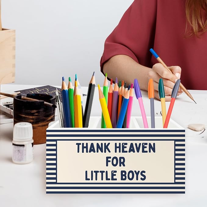 Christian Nursery Kids Pen Pencil Holder Organizer for Desk, Thank Heaven for Little Boys Blue Striped Wooden Box Signs Decorations for Boys Room Bedroom Playroom Desk Tabletop