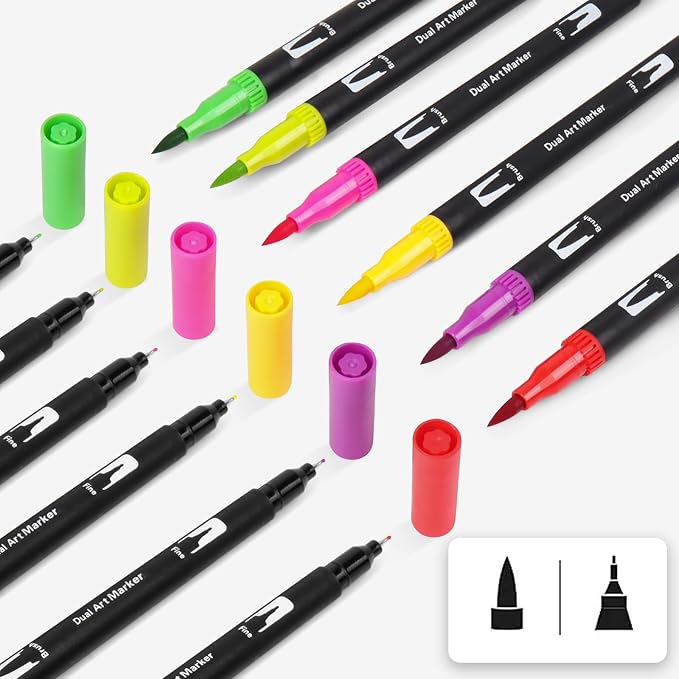 Double Tip Brush Pens Art Markers - 12 Vibrant Colors, Fine & Brush Tips for Coloring, Calligraphy, Journaling, Drawing, and Crafting - Non-Toxic, Water-Based Ink - Perfect for Kids & Adults