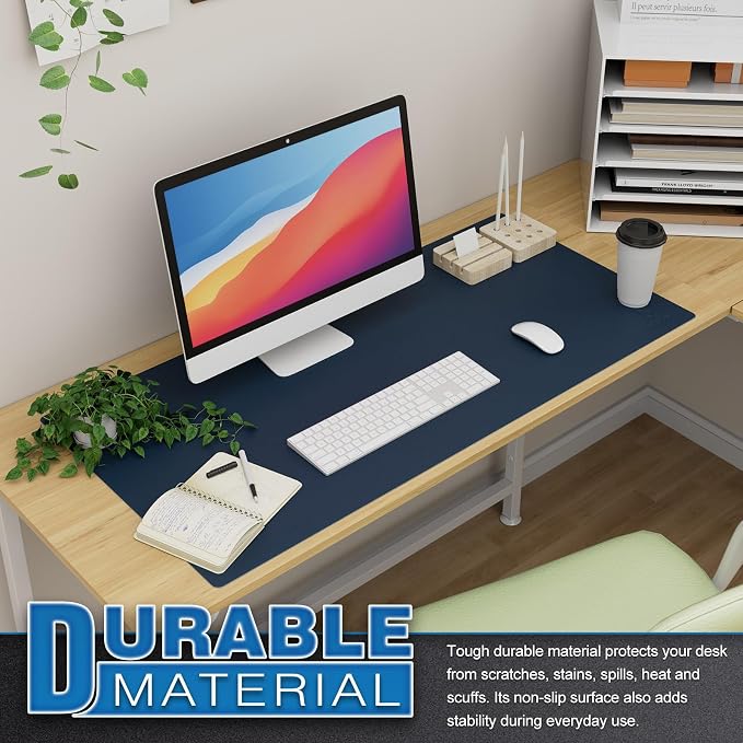 K KNODEL Extra Large Desk Mat, Leather Mouse Pad (35.4"x17", Dark Blue) | Desk Pad, Keyboard Pad, Computer and Laptop Mat, Desktop Protector and Cover, Writing Pad and Blotter for Home Office