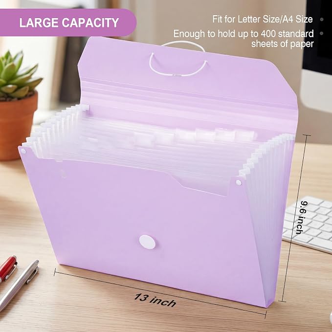 Comix Accordion File Organizer, 13 Pocket, Purple | Expanding File Folder, A4/Letter Size Documents, Includes Labels, For Office, Home, School
