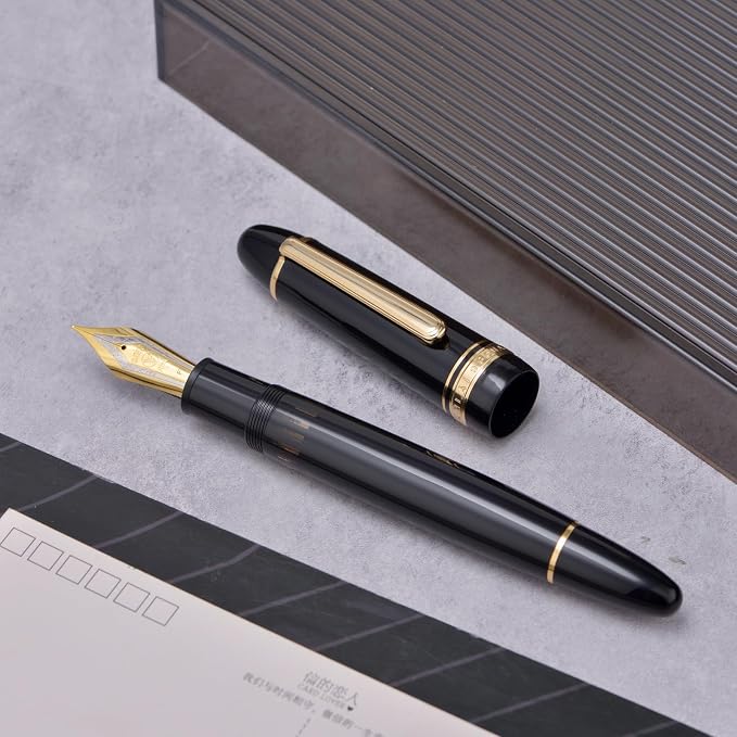 Yongsheng Junlai 930 Acrylic Fountain Pen, Size 9 Broad Nib with Piston Filling System, Piano Black Fence Ink Tank with Torpedo Shape Design Large Hand Pen (Gold Trim)