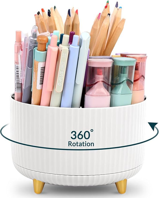 KONVINIT Pencil Pen Holder for Desk, 5 Slots 360-Degree Rotating Desktop Organizer, Cute Desk Organizers and Accessories for School, Home, Office and Art Supply, White