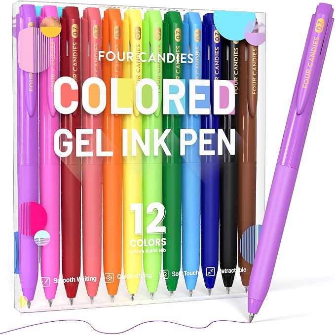 Four Candies Quick Dry Ink Colorful Pens Set, 12 Colors | 0.7mm Fine Point Colored Pens for Note Taking & Drawing, Colored Gel Pens with Comfort Grip for Office & School Supplies