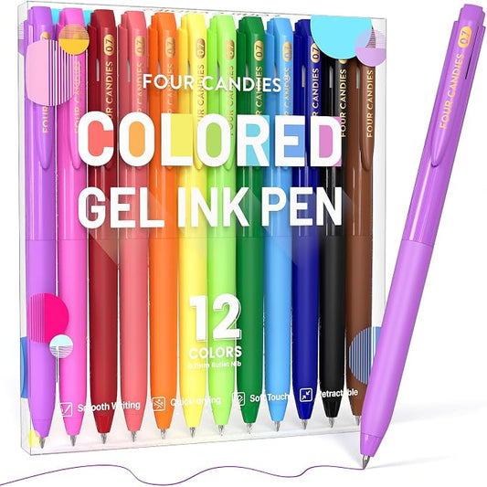 Four Candies Quick Dry Ink Colorful Pens Set, 12 Colors | 0.7mm Fine Point Colored Pens for Note Taking & Drawing, Colored Gel Pens with Comfort Grip for Office & School Supplies