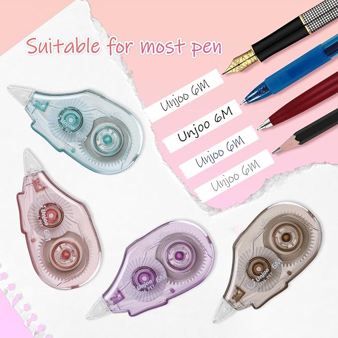 Unjoo White Correction Tape (12pack, 6M/256, Tape Width 0.2in, 4 colors) | Easy To Use Applicator, Fast, Clean Tear-Resistant Tape For school Supplies, Office