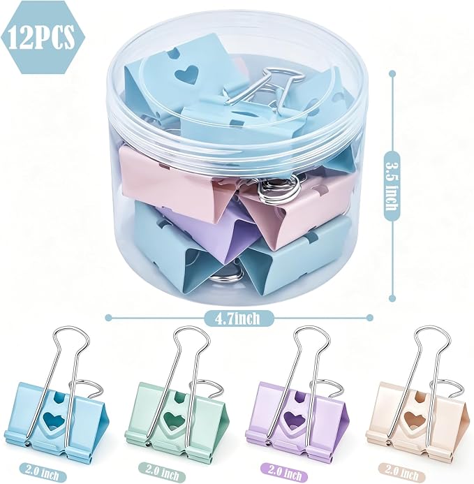 BAYTORY 12Pcs Pastel Binder Clips, 2 Inch (51 mm) Extra Large Binder Clips | with Clear Storage Container, Paper Clamps for School Teachers Office Supplies (51mm)