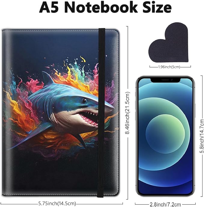 A5 Leather Lined Journal Notebook, 200 Pages Hardcover Executive Notebook for Men Women Office School Note Taking, Thick Writing Paper Daily Journal with Bookmarks/Indexes, Colorful Shark