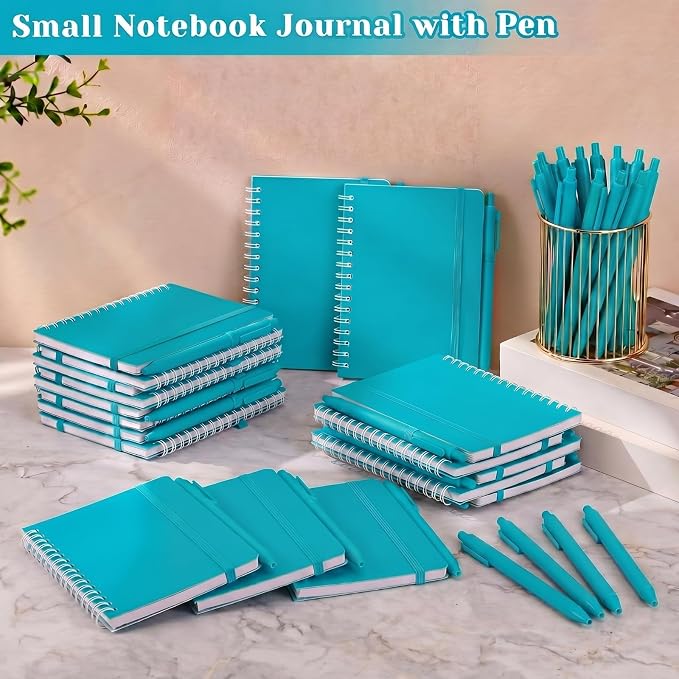 Fulmoon 30 Set Small Spiral Notebooks A6 with Pens Bulk, Multicolor 4" x 6" Pocket Notebooks Mini Lined Journals 50 Sheets for Back to School Supplies Students Rewards Office Gifts (Teal Blue)