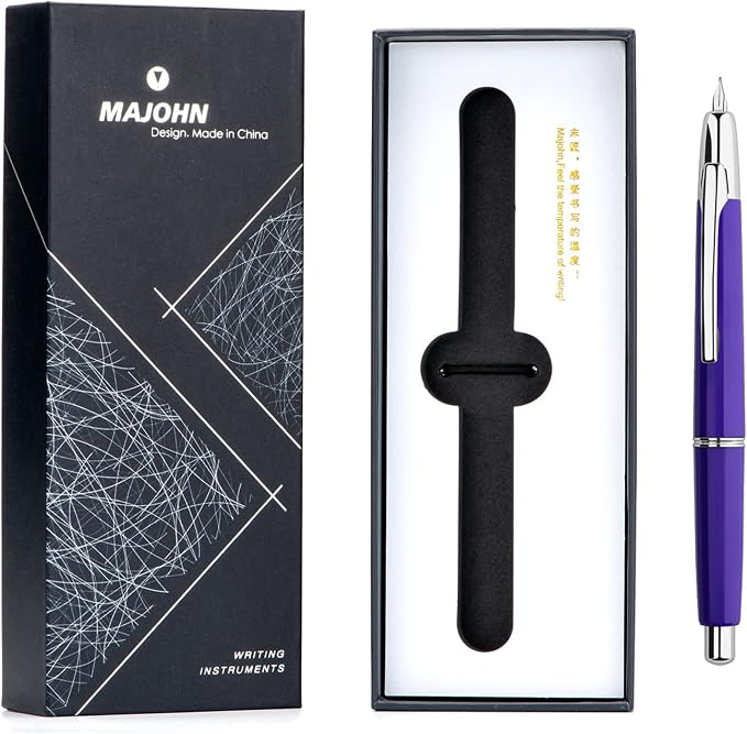 erofa Majohn A2 Press Fountain Pen Extra Fine Nib with Box, Retractable Purple Resin Ink Pen with Converter Writing Pen Set (Silver Clip Version