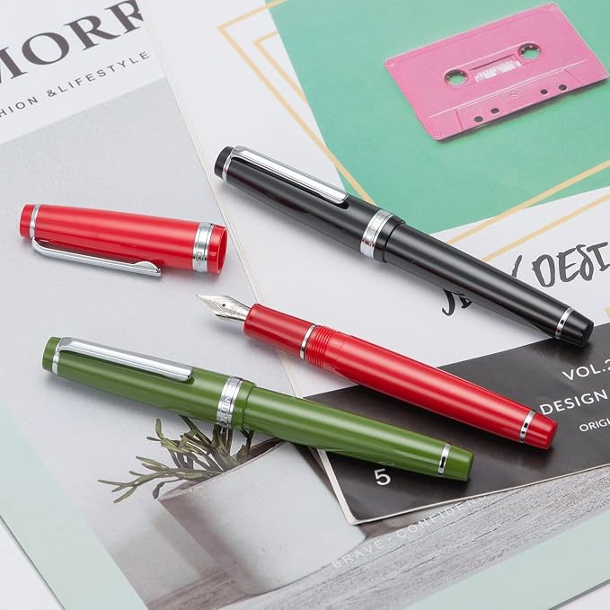 Jinhao 82 Black Acrylic Fountain Pen, Iridium Bent Nib Classic Design Smooth Writing Pen with Ink Converter (Silver Trim)