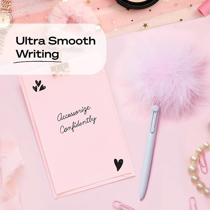 uniball™ The Elle Pen Set, Zento Gel Pens with Pink Puff, Black Ink, 0.7mm Medium Point, Retractable, 4 Count, Smooth Writing, Quick-Drying, No Smear, Fashion Barrel Colors