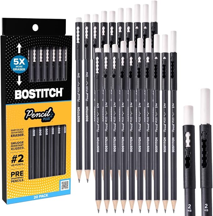 Bostitch, Wood-Cased Pencil Plus, Retractable Eraser, American Cedar Wood, #2 HB, Round, Matte Black, Pre-sharpened, Twenty Pack