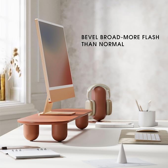 Fenge Computer Monitor Stand with Solid Beech Wood Legs, 34 Inch | Full-Red Finish Panel, 5-Min Tool-Free Assembly, Oval Monitor Riser for Art Spaces, Studios, Home Office