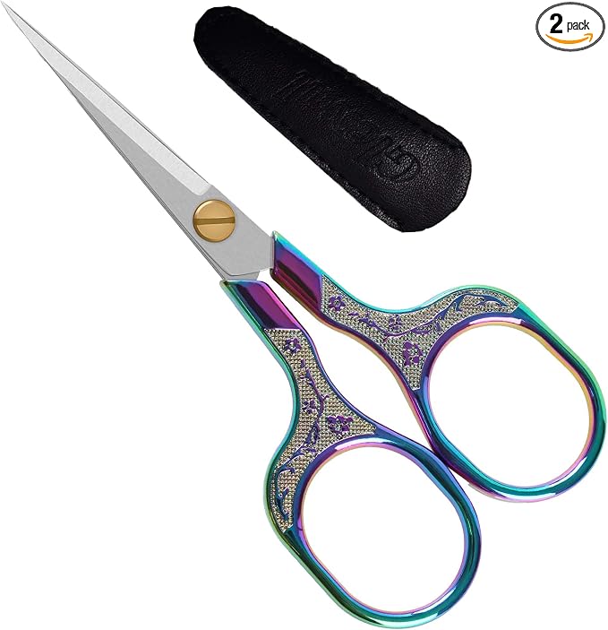 Rainbow Iridescent Scissors for Lace Wigs, 5 Inch Vintage Sharp Embroidery Snips for Needlepoint, Beautiful Metal Sewing Scissors for Fabric & Crafts, Ornate Pattern Scissors with Leather Sheath