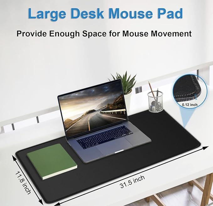 Mouse Pad Gaming, Extra Large Mousepad with Stitched Edges, Premium Microfiber Cloth Surface, Waterproof Non-Slip Base Keyboard Big Desk Mat for Home Office Gaming, 31.5 x 11.8 in, Black