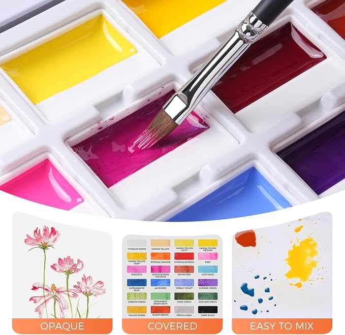 Fuumuui 24-Color Opaque Semi-Solid Watercolor Set – High-Saturation Bright Colors Art Supplies with Strong Coverage and Rich Pigments for Artists Beginner Painters Amateur Hobbyists Painting