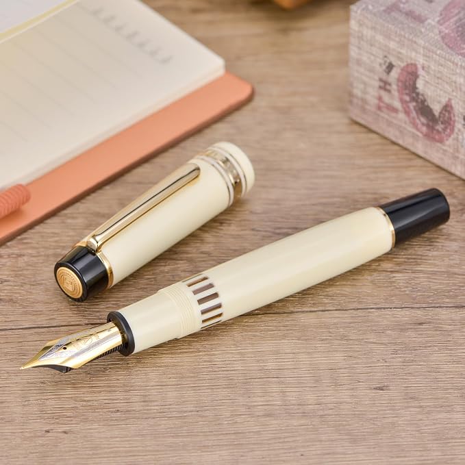 Wikult Yongsheng Junlai 930 Acrylic Fountain Pen, Size 9 Fine Nib with Piston Filling System, Ivory White Fence Ink Tank with Flat Top Design Smooth Writing Pen (Gold Trim)