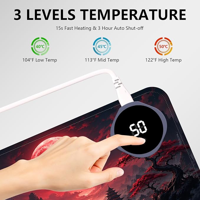 Large Heated Mouse Pad–23.6" x 14.2" Desk Mat for Office | 3 Adjustable Heat Levels,Auto Shut-Off After 3 Hours for Safety,Keeps Hands Warm While Working，Blood Moon Scenery