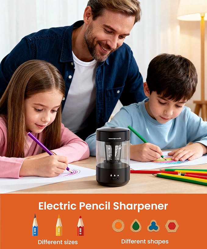 Electric Pencil Sharpener for Classroom, Fully Automatic Pencil Sharpener for 6-8mm Pencils & Colored Pencils, Auto in & Out, Type-C Rechargeable Pencil Sharpeners for Home, School, Black