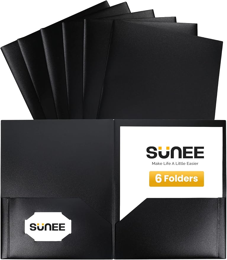 SUNEE 2 Pocket Folders (6 Pack, Black) Heavy Duty Plastic Folders with Pockets Fit Letter-Size Papers, Two-Pocket Poly Folder Bulk for School, College, Office