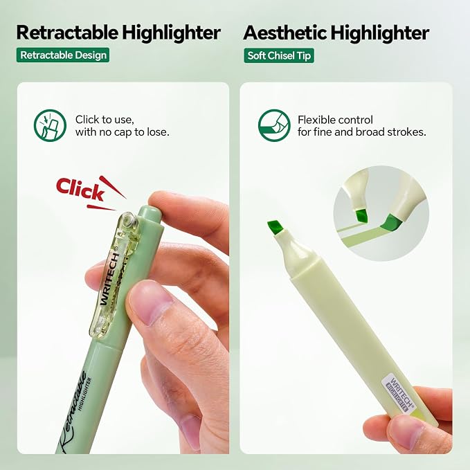 WRITECH Gel Pens Journaling Highlighters: Green Journal Set Assorted Pastel Color 0.5mm&0.7mm Fine Point Retractable Black Ink Pen Mechanical Pencil Smooth Writing Drawing 8ct