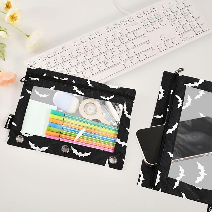 Bats Halloween Goth Pencil Pouches for 3 Ring Binder 2 Pack | Binder Pencil Case With Zipper Reinforced GrommetsPencil Bags for Office Organizers
