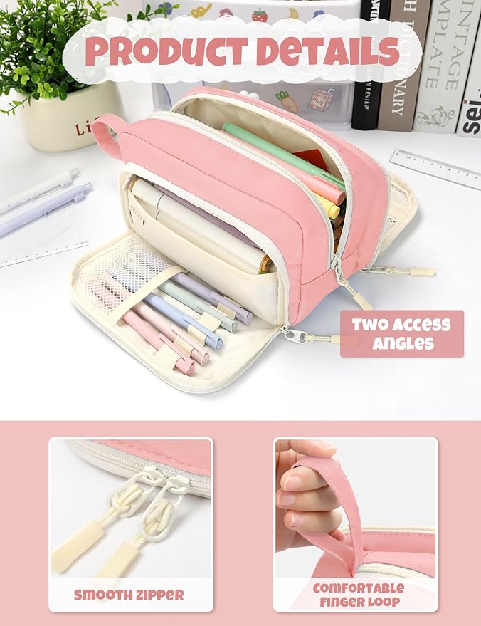 SUNEE Large Pencil Case, Big Capacity Pen Pouch with 3 Compartments, Kawaii Cute Pencil Bag with Zipper, High Storage Stationery Holder and Organizer, School Supplies for Teen and Adult Girls, Pink