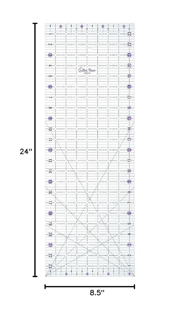 The Quilted Bear Rectangular Acrylic Quilting Ruler, 8.5" x 24" | Non-Slip, Precise Bold Lines, 30, 45 & 60 Degree Angles, 3mm Thick Transparent Acrylic, for Quilt Blocks, Sewing & Craft